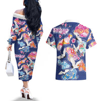 Hawaiian and Japanese Culture Together Couples Matching Off The Shoulder Long Sleeve Dress and Hawaiian Shirt Hawaiian Archipelago Shape Sea Animals