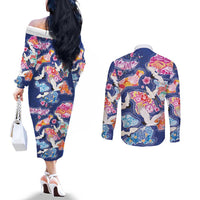Hawaiian and Japanese Culture Together Couples Matching Off The Shoulder Long Sleeve Dress and Long Sleeve Button Shirt Hawaiian Archipelago Shape Sea Animals