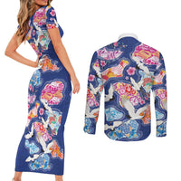 Hawaiian and Japanese Culture Together Couples Matching Short Sleeve Bodycon Dress and Long Sleeve Button Shirt Hawaiian Archipelago Shape Sea Animals