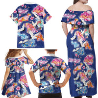Hawaiian and Japanese Culture Together Family Matching Off Shoulder Maxi Dress and Hawaiian Shirt Hawaiian Archipelago Shape Sea Animals