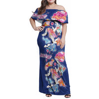 Hawaiian and Japanese Culture Together Family Matching Off Shoulder Maxi Dress and Hawaiian Shirt Hawaiian Archipelago Shape Sea Animals