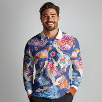 Hawaiian and Japanese Culture Together Long Sleeve Polo Shirt Hawaiian Archipelago Shape Sea Animals