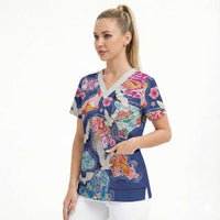 Hawaiian and Japanese Culture Together Scrub Top Hawaiian Archipelago Shape Sea Animals LT03 - Polynesian Pride