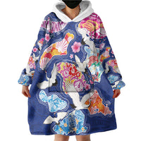 Hawaiian and Japanese Culture Together Wearable Blanket Hoodie Hawaiian Archipelago Shape Sea Animals