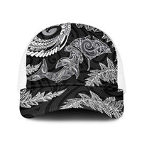 New Zealand Sea Animals with Maori Tribal Tattoo Baseball Net Cap Shark Manta Ray with Silver Fern Black