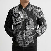 New Zealand Sea Animals with Maori Tribal Tattoo Bomber Puffer Jacket Shark Manta Ray with Silver Fern Black