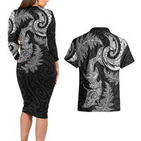 New Zealand Sea Animals with Maori Tribal Tattoo Couples Matching Long Sleeve Bodycon Dress and Hawaiian Shirt Shark Manta Ray with Silver Fern Black