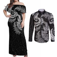 New Zealand Sea Animals with Maori Tribal Tattoo Couples Matching Off Shoulder Maxi Dress and Long Sleeve Button Shirt Shark Manta Ray with Silver Fern Black