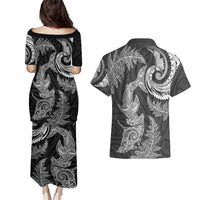 New Zealand Sea Animals with Maori Tribal Tattoo Couples Matching Puletasi and Hawaiian Shirt Shark Manta Ray with Silver Fern Black