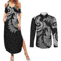 New Zealand Sea Animals with Maori Tribal Tattoo Couples Matching Summer Maxi Dress and Long Sleeve Button Shirt Shark Manta Ray with Silver Fern Black