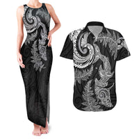New Zealand Sea Animals with Maori Tribal Tattoo Couples Matching Tank Maxi Dress and Hawaiian Shirt Shark Manta Ray with Silver Fern Black