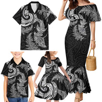 New Zealand Sea Animals with Maori Tribal Tattoo Family Matching Mermaid Dress and Hawaiian Shirt Shark Manta Ray with Silver Fern Black