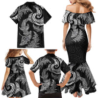 New Zealand Sea Animals with Maori Tribal Tattoo Family Matching Mermaid Dress and Hawaiian Shirt Shark Manta Ray with Silver Fern Black