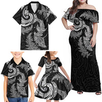 New Zealand Sea Animals with Maori Tribal Tattoo Family Matching Off Shoulder Maxi Dress and Hawaiian Shirt Shark Manta Ray with Silver Fern Black