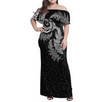 New Zealand Sea Animals with Maori Tribal Tattoo Family Matching Off Shoulder Maxi Dress and Hawaiian Shirt Shark Manta Ray with Silver Fern Black