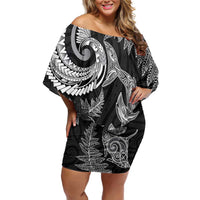 New Zealand Sea Animals with Maori Tribal Tattoo Family Matching Off Shoulder Short Dress and Hawaiian Shirt Shark Manta Ray with Silver Fern Black