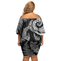 New Zealand Sea Animals with Maori Tribal Tattoo Family Matching Off Shoulder Short Dress and Hawaiian Shirt Shark Manta Ray with Silver Fern Black