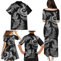 New Zealand Sea Animals with Maori Tribal Tattoo Family Matching Puletasi and Hawaiian Shirt Shark Manta Ray with Silver Fern Black