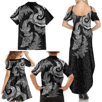 New Zealand Sea Animals with Maori Tribal Tattoo Family Matching Summer Maxi Dress and Hawaiian Shirt Shark Manta Ray with Silver Fern Black