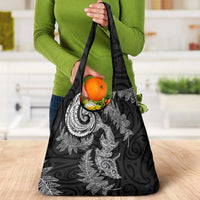New Zealand Sea Animals with Maori Tribal Tattoo Grocery Bag Shark Manta Ray with Silver Fern Black