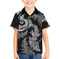 New Zealand Sea Animals with Maori Tribal Tattoo Kid Hawaiian Shirt Shark Manta Ray with Silver Fern Black
