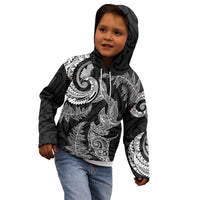 New Zealand Sea Animals with Maori Tribal Tattoo Kid Hoodie Shark Manta Ray with Silver Fern Black