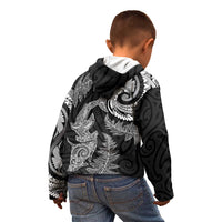 New Zealand Sea Animals with Maori Tribal Tattoo Kid Hoodie Shark Manta Ray with Silver Fern Black