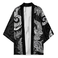 New Zealand Sea Animals with Maori Tribal Tattoo Kimono Shark Manta Ray with Silver Fern Black