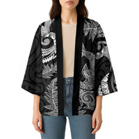 New Zealand Sea Animals with Maori Tribal Tattoo Kimono Shark Manta Ray with Silver Fern Black