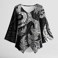 New Zealand Sea Animals with Maori Tribal Tattoo Kimono Sleeve Blouse Shark Manta Ray with Silver Fern Black
