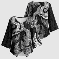 New Zealand Sea Animals with Maori Tribal Tattoo Kimono Sleeve Blouse Shark Manta Ray with Silver Fern Black