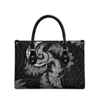 New Zealand Sea Animals with Maori Tribal Tattoo Leather Bag Shark Manta Ray with Silver Fern Black