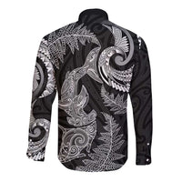 New Zealand Sea Animals with Maori Tribal Tattoo Long Sleeve Button Shirt Shark Manta Ray with Silver Fern Black