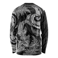 New Zealand Sea Animals with Maori Tribal Tattoo Long Sleeve Shirt Shark Manta Ray with Silver Fern Black