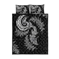 New Zealand Sea Animals with Maori Tribal Tattoo Quilt Bed Set Shark Manta Ray with Silver Fern Black