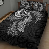 New Zealand Sea Animals with Maori Tribal Tattoo Quilt Bed Set Shark Manta Ray with Silver Fern Black