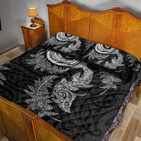 New Zealand Sea Animals with Maori Tribal Tattoo Quilt Bed Set Shark Manta Ray with Silver Fern Black