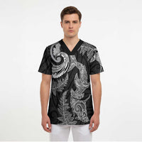 New Zealand Sea Animals with Maori Tribal Tattoo Scrub Top Shark Manta Ray with Silver Fern Black