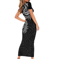 New Zealand Sea Animals with Maori Tribal Tattoo Short Sleeve Bodycon Dress Shark Manta Ray with Silver Fern Black