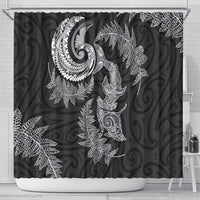 New Zealand Sea Animals with Maori Tribal Tattoo Shower Curtain Shark Manta Ray with Silver Fern Black