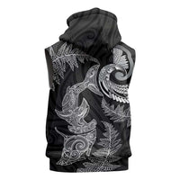 New Zealand Sea Animals with Maori Tribal Tattoo Sleeveless Hoodie Shark Manta Ray with Silver Fern Black