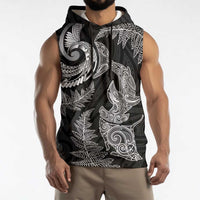 New Zealand Sea Animals with Maori Tribal Tattoo Sleeveless Hoodie Shark Manta Ray with Silver Fern Black