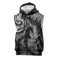 New Zealand Sea Animals with Maori Tribal Tattoo Sleeveless Zip Hoodie Shark Manta Ray with Silver Fern Black