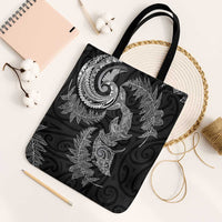 New Zealand Sea Animals with Maori Tribal Tattoo Tote Bag Shark Manta Ray with Silver Fern Black