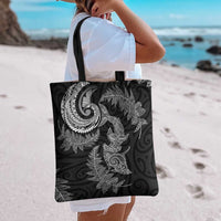 New Zealand Sea Animals with Maori Tribal Tattoo Tote Bag Shark Manta Ray with Silver Fern Black