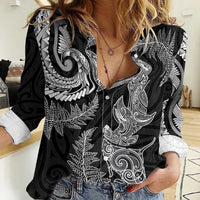 New Zealand Sea Animals with Maori Tribal Tattoo Women Casual Shirt Shark Manta Ray with Silver Fern Black
