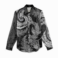 New Zealand Sea Animals with Maori Tribal Tattoo Women Casual Shirt Shark Manta Ray with Silver Fern Black