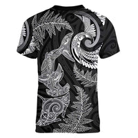 New Zealand Sea Animals with Maori Tribal Tattoo Women V-Neck T-Shirt Shark Manta Ray with Silver Fern Black