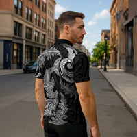 New Zealand Sea Animals with Maori Tribal Tattoo Zipper Polo Shirt Shark Manta Ray with Silver Fern Black