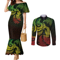 New Zealand Sea Animals with Maori Tribal Tattoo Couples Matching Mermaid Dress and Long Sleeve Button Shirt Shark Manta Ray with Silver Fern Reggae